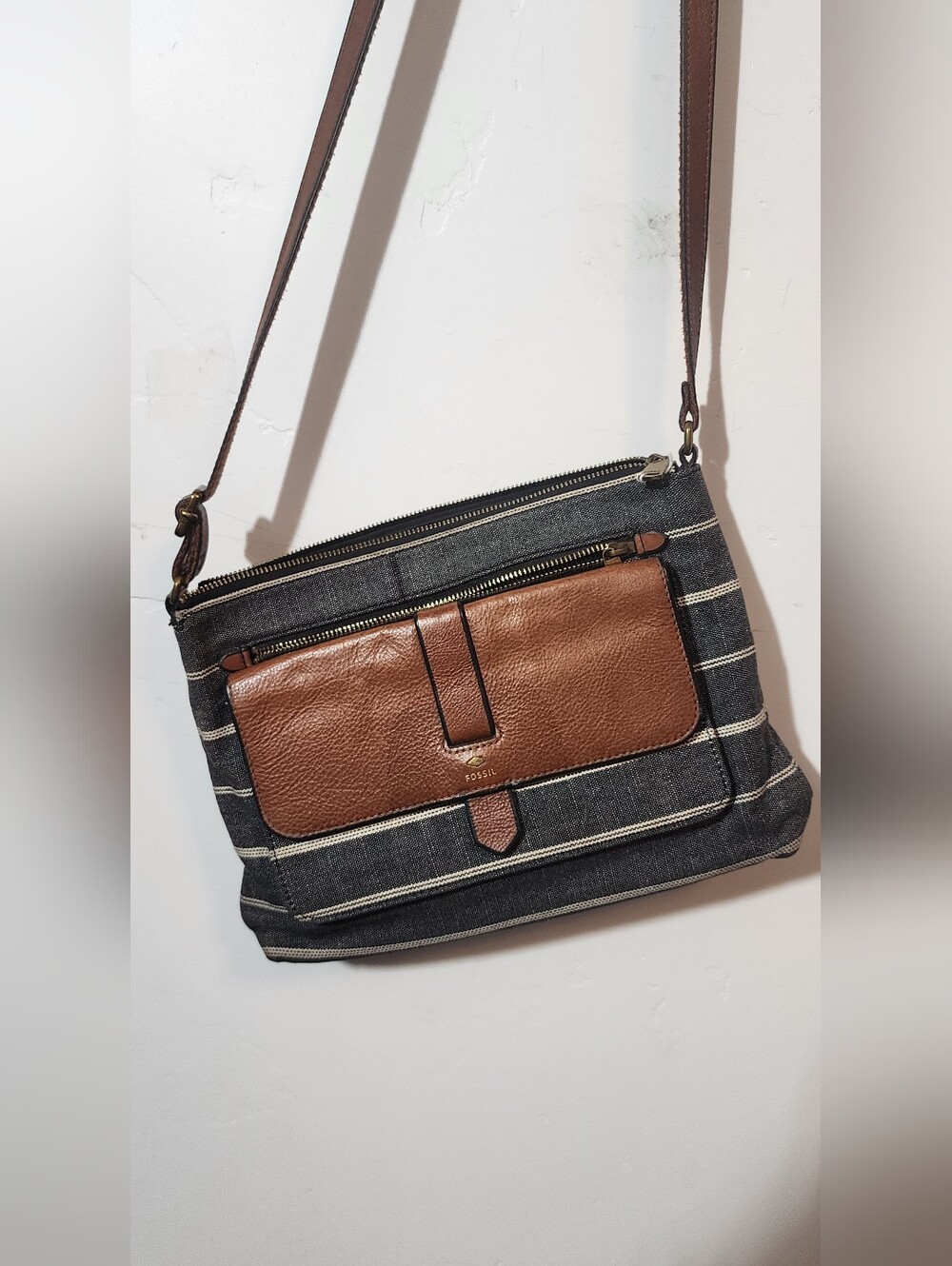 Fossil Navy Striped Canvas Crossbody with Brown Leather Pocket